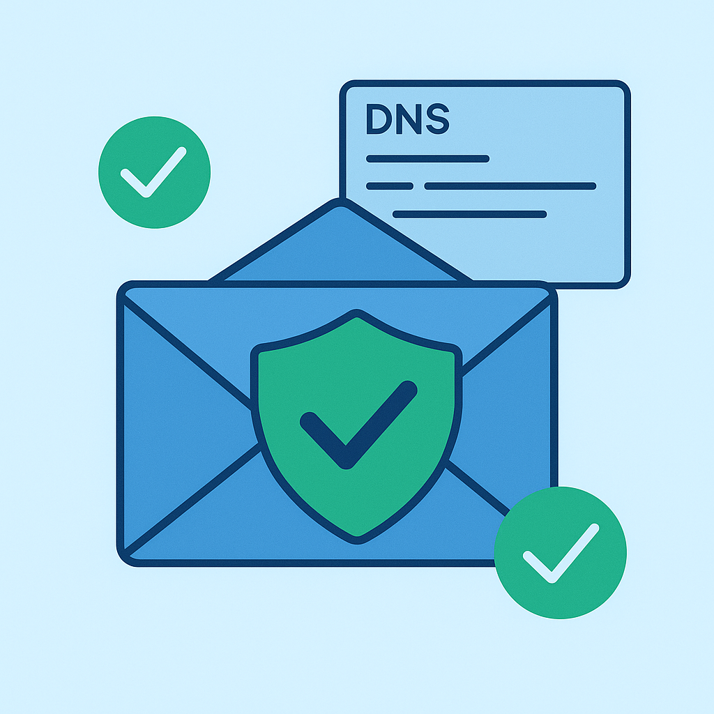 A flat, modern illustration showing an envelope with a shield in front, green checkmarks, and a DNS record icon in the background. The color scheme uses blue and green tones, representing email security for a tech blog.